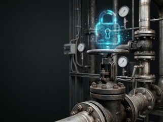 Obraz premium Industrial pipeline valve with digital lock interface showcasing secure energy flow infrastructure protection and operational control