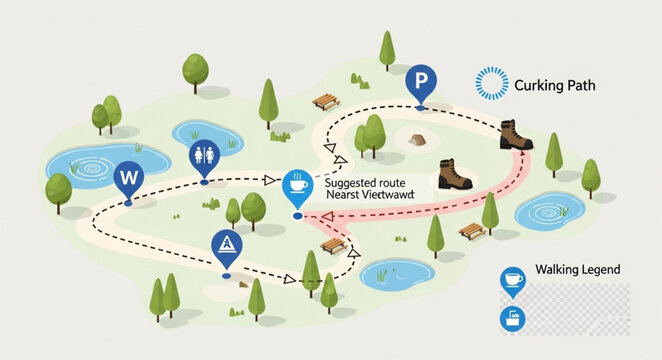Illustrated map of a park with walking path and points of interest.