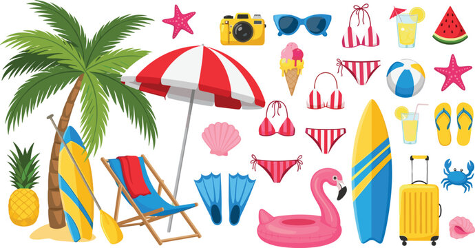 Summer beach vacation elements collection with palm tree umbrella surfboard and accessories colorful flat vector illustration set