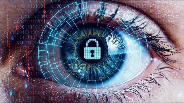 Close-up of an eye digital code concept. Close up of human eye with digital padlock and binary code futuristic cybersecurity technology concept