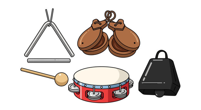 Collection of Percussion Musical Instruments: Tambourine, Triangle, Castanets, Cowbell