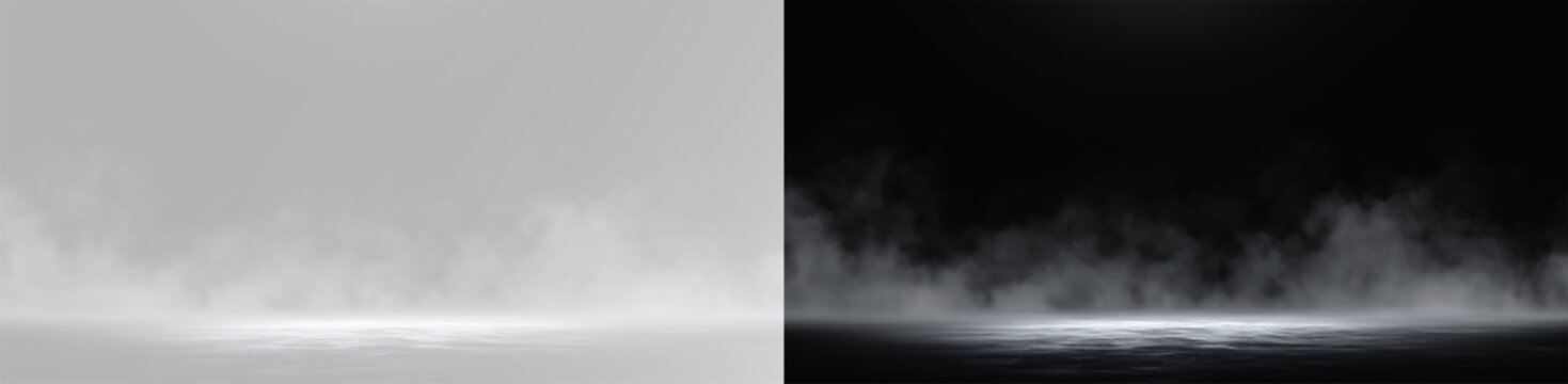 Dense ground fog and mist creeping on floor for atmospheric design on transparent background
