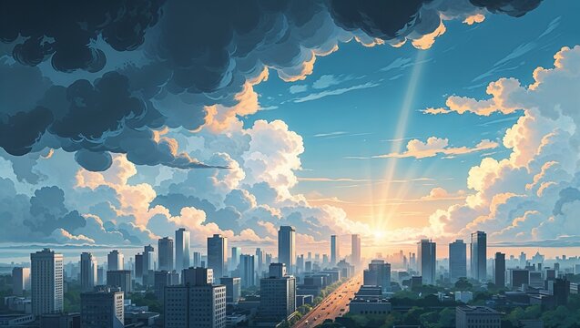 City skyline under dark storm clouds with a single beam of sunlight at dawn, hope, recovery and breakthrough concept