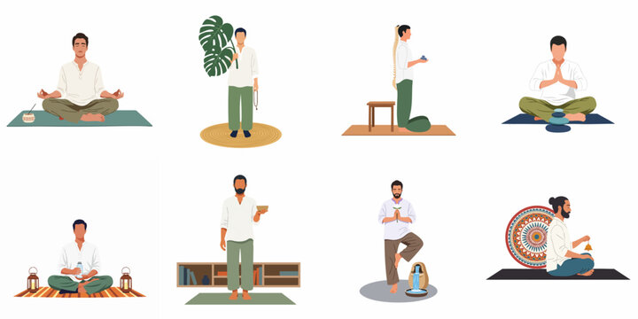 Set of illustrations depicting a man practicing various forms of meditation, yoga, and mindfulness to achieve inner peace and holistic wellness.