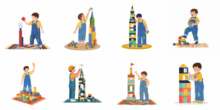 Set of illustrations depicting a young boy creatively building tall towers and structures with colorful toy blocks on various carpets.