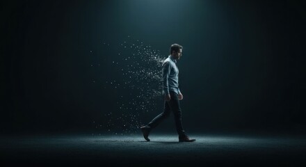 Fototapeta premium Man walking, dissolving into particles