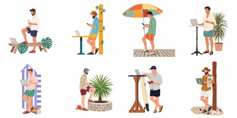 Fototapeta premium Collection of men working as digital nomads in tropical vacation settings using laptops and smartphones, flat vector illustration isolated on white background