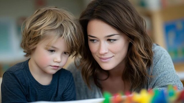 58Mother gently guiding her young child during a learning activity in a bright early education center, colorful educational toys on tables, soft natural daylight, warm supportive atm