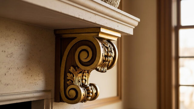 Exquisite ornate golden corbel supporting a classical mantelpiece with subtle ambient light