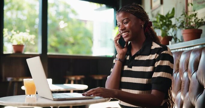 Black woman, remote work and phone call with laptop at cafe for discussion, planning and contact editor. Happy, person and freelancer with mobile for conversation, interview source and publication