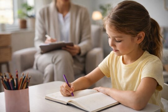 Young girl writing in notebook at home while teacher or therapist observes