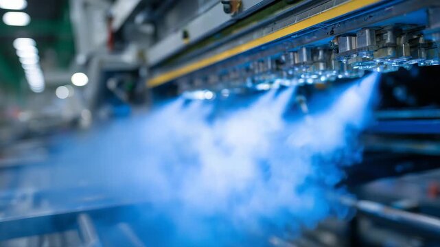 88Close-up of freshly painted metal components exiting an automated spray painting booth, smooth glossy finish, excess paint mist dissipating, clean factory surroundings, quality-foc