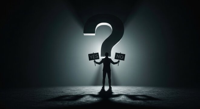 Person with signs before giant question mark