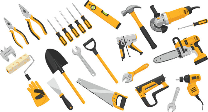 Collection of construction tools including hammer drill saw screwdriver and equipment isolated flat vector illustration workshop toolset