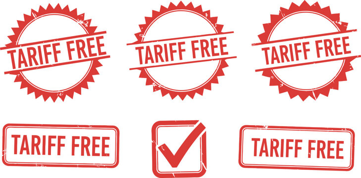 Set of 5 red grunge tariff free stamps and checkmark vector icons for business