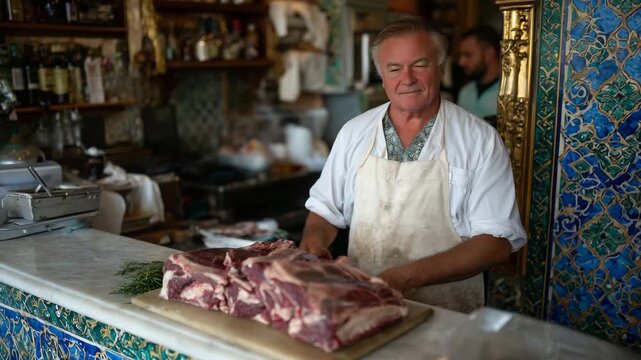 106Local flavor in a traditional butcher shop, tiled walls, precise cuts, practical craftsmanship