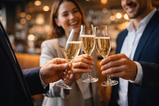 Group of business people celebrating with champagne glasses at restaurant