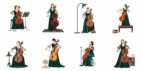 A collection of illustrations featuring a female cellist in a green dress performing in various settings, ideal for music and arts-themed projects. © dewi