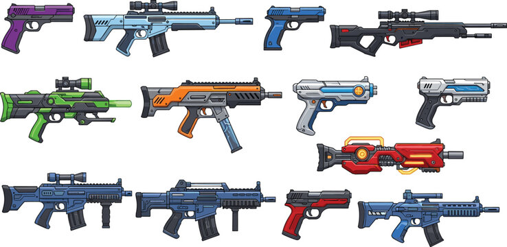 Collection of modern firearms and futuristic guns with rifles pistols and weapons isolated flat vector illustration combat equipment set