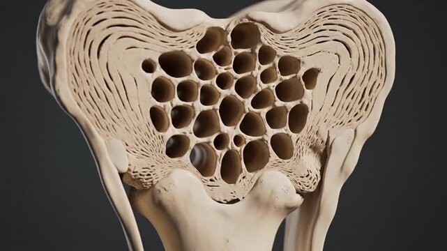 Detailed 3D Render of Bone Structure with Osteoporosis, Medical Illustration of Degenerative Bone Disease.
