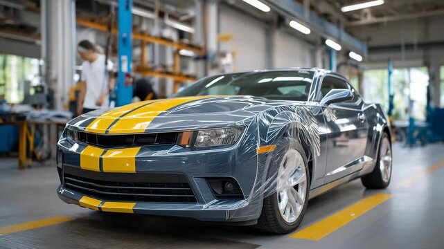 131Professional car painting at an auto body repair center, vehicle fully prepped with masking tape and protective film, high-end spray equipment in use, emphasis on surface preparati