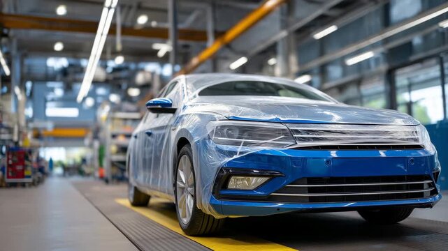 130Professional car painting at an auto body repair center, vehicle fully prepped with masking tape and protective film, high-end spray equipment in use, emphasis on surface preparati