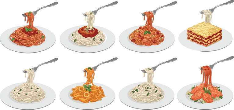 Collection of pasta dishes including spaghetti lasagna and noodles isolated on white background Italian cuisine vector illustration set