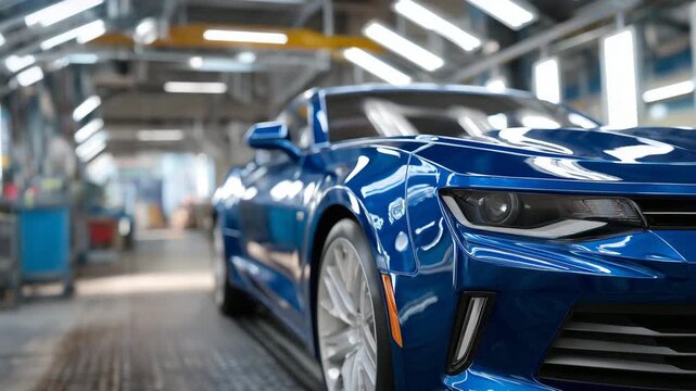 144Professional car painting during quality inspection stage, car resting inside spray booth after coating, smooth reflective surface, attention to body repair excellence, vehicle mai