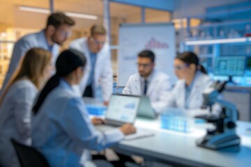 Fototapeta premium Out of focus laboratory meeting with scientists using laptops and charts, research development and innovation concept.