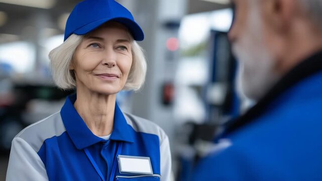 152Customer service excellence and convenience at a service station, clean uniformed staff assisting elderly driver, human-centered automotive service and care