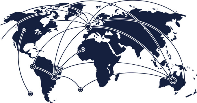 World map global network connection showing international communication hubs and data transfer lines as a flat vector illustration for business and logistics concepts.