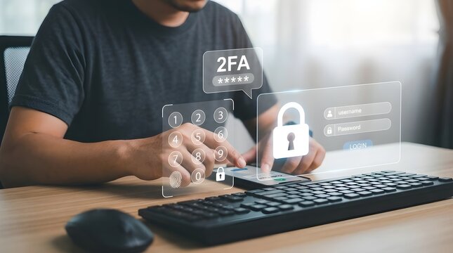 Two Factor Authentication Security 2FA Login Verification with PIN Keypad, Fingerprint Biometric, Password Protection & Holographic Cyber Security Interface