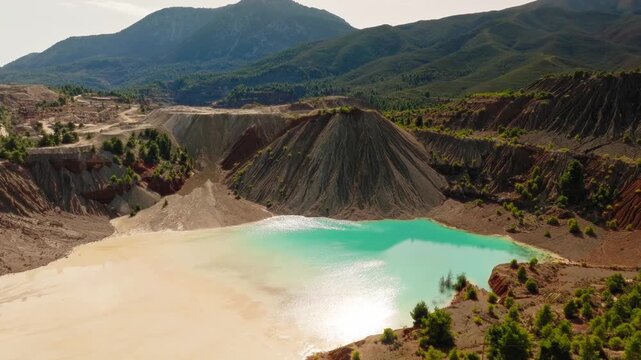 Abandoned quarry lake turquoise water aerial Evia Greece drone view
