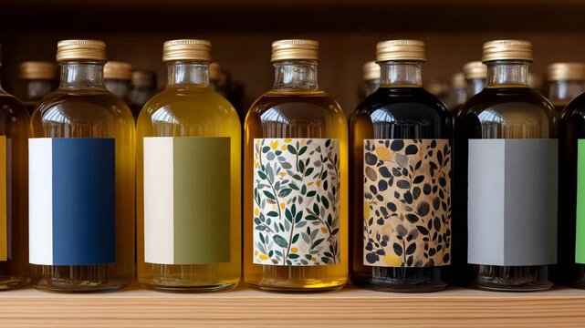 160Artisanal kombucha bottles on wooden shelf display, minimalist craft beverage shop interior, traditional fermented tea in clear glass bottles with handcrafted labels, clean and bal