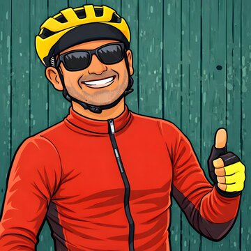 Happy male  cyclist wearing a yellow helmet and red jersey making a positive sign and posing to a photo.