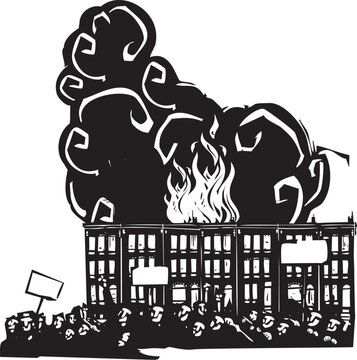 Woodcut style image of protesters in front of buring urban houses