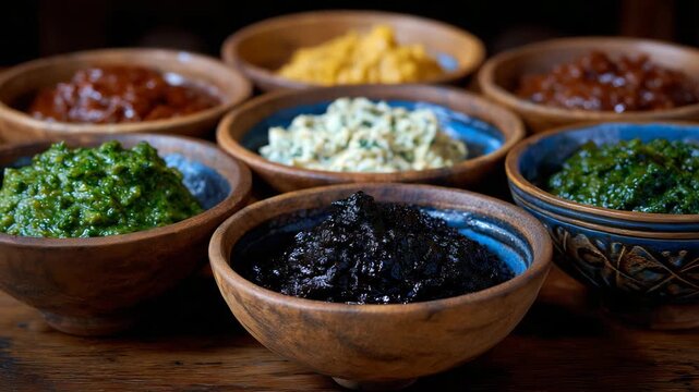 191Traditional paste condiments in cultural bowls arrangement, rich textures and colors of fermented sauces captured in artisanal bowls, wooden table background, highlighting culinary