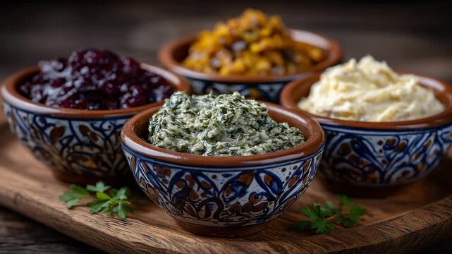 194Traditional paste condiments in cultural bowls arrangement, vibrant condiments in traditional pottery, arranged on wooden board with minimal decoration, focus on heritage, fermenta