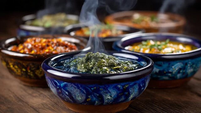 193Traditional paste condiments in cultural bowls arrangement, diverse condiments in colorful bowls, subtle steam or gloss showing freshness, rustic tabletop highlighting authentic cu