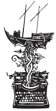 Woodcut style image of a type writer with an arabic ship or dhow emerging from it