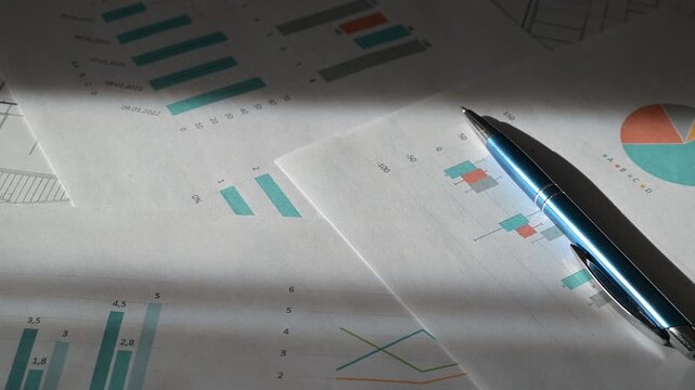 A hand moves a pen over printed business reports that display various graphs and charts on a desk. The documentation highlights data analysis and planning for potential business strategies