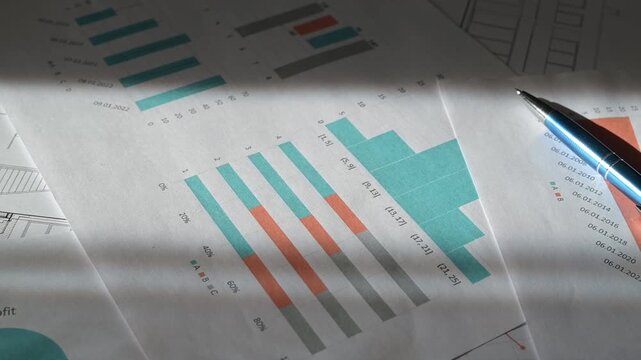 Charts and graphs show statistical data on paper. A blue pen rests on the documents, highlighting the focus on analysis and decision-making in a business environment