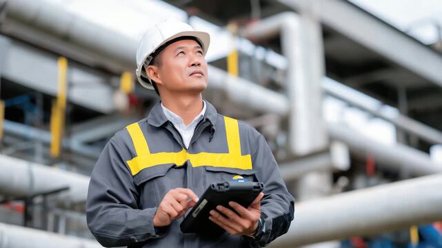 248Routine inspections and scheduled service activities foundation, engineer performing visual inspection on pipelines, high-tech equipment and safety gear visible, proactive maintena