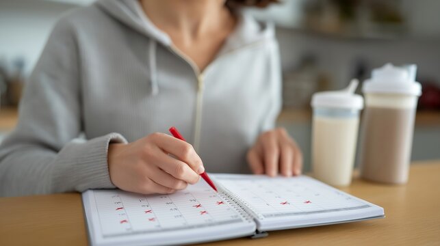 Woman marking paper calendar with red X symbols tracking bariatric surgery pre-op diet progress beside protein shake bottles on kitchen counter, ideal for medical weight loss journey, healthcare