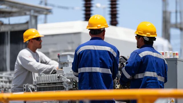 259Routine inspections and scheduled service activities foundation, team performing preventive maintenance on mechanical equipment outdoors, clear skies and organized site, extending