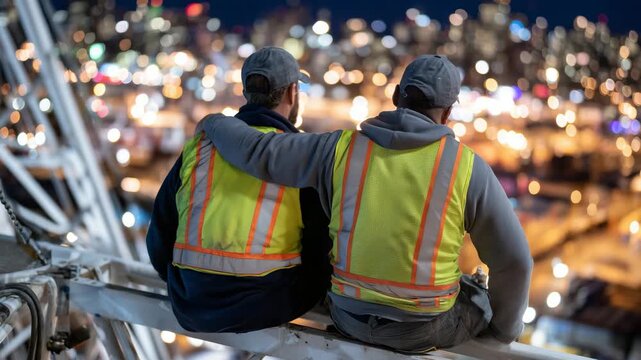 267Two industrial workers taking break during night shift, perched on high steel framework, leaning against each other&rsquo;s shoulders, reflective vests catching urban night light, subtle