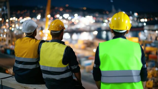 270Two industrial workers taking break during night shift, leaning together on metal beam, helmets off, reflective vests catching ambient construction lights, industrial night scene h