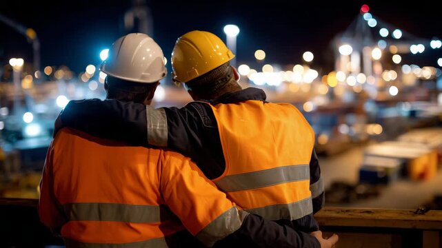 271Two industrial workers taking break during night shift, leaning together on metal beam, helmets off, reflective vests catching ambient construction lights, industrial night scene h