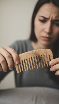 Woman holding a wooden comb full of fallen hair, showing a concerned and frustrated expression about her hair loss issues, symbolizing stress and health problems