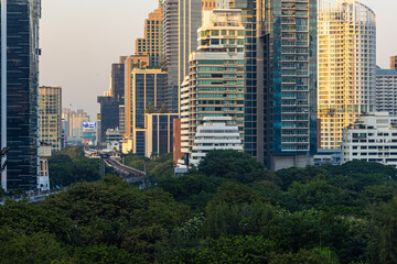Fototapeta premium Modern office building and condominium with green tree Lumphini park sunset sky